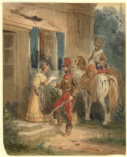 Hussars Delivering News (watercolour and ink on paper)