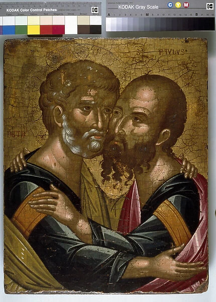 Icon of The Embrace of the Apostles Peter and Paul (oil on canvas on panel)