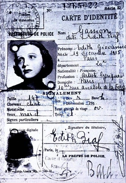 ID card of Edith Piaf in the mid-1940s private collection