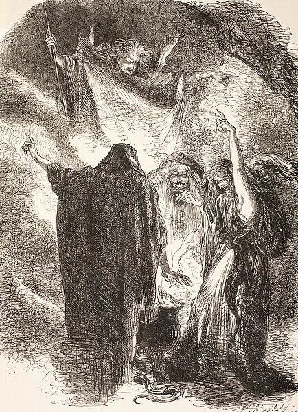 Illustration of the witches around their cauldron in Macbeth, from The Illustrated