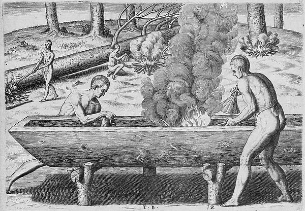 Indians Making Canoes, from Admiranda Narratio, engraved by Theodor de Bry