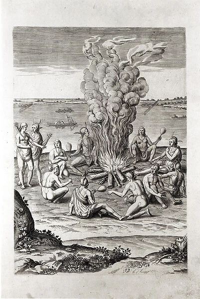 Indians praying around a fire, engraving from Hariots A Briefe and True Report of