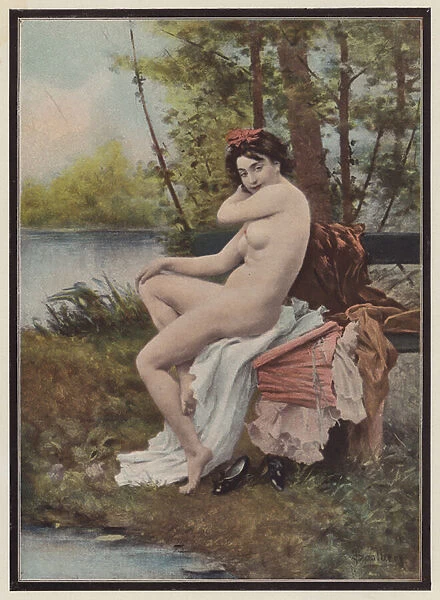 Indolence, woman sitting on a bench (colour litho)