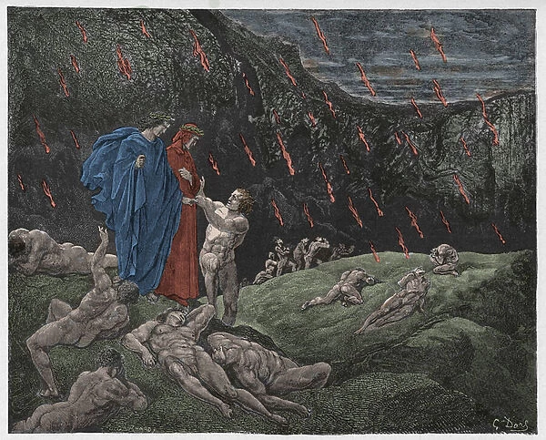 Inferno, Canto 15 : Brunetto Latini accosts Dante, illustration from