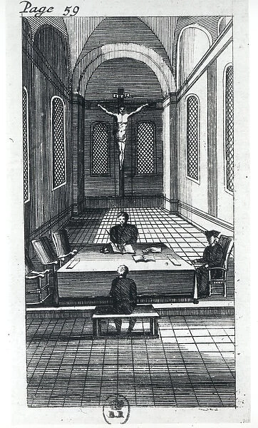 Inquisition Interrogation (engraving) (b  /  w photo)