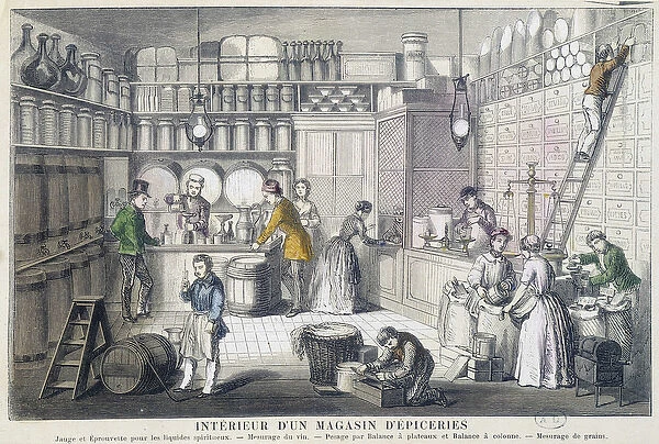 Interior of a grocery store - engraving, 19th century