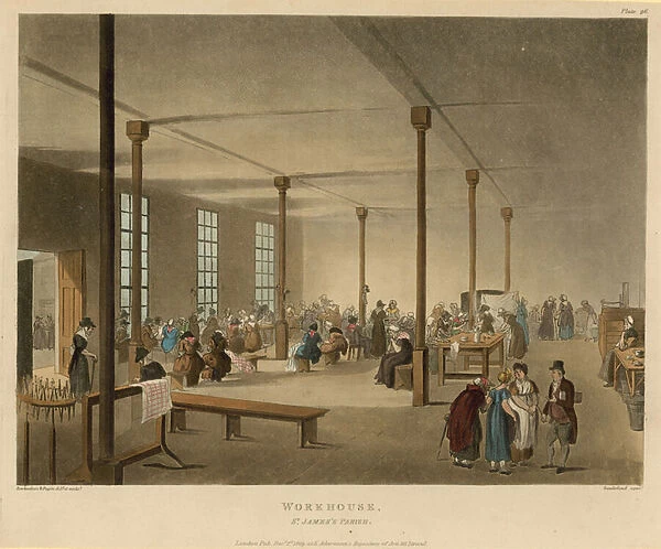 Interior of a workhouse in the St Jamess Parish (coloured engraving)