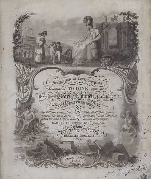 Invitation to a dinner hosted by the Marine Society (engraving)