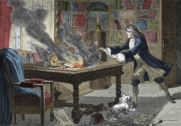 Isaac Newtons dog knocking over a candle and setting fire to his papers
