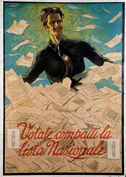 Italian propaganda poster exhorting italian people to choose national list of Benito