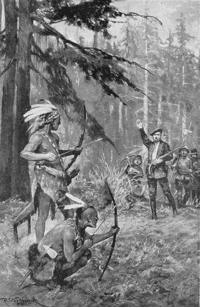 Jacques Cartier comes across natives in a forest near the St Lawrence river (litho)