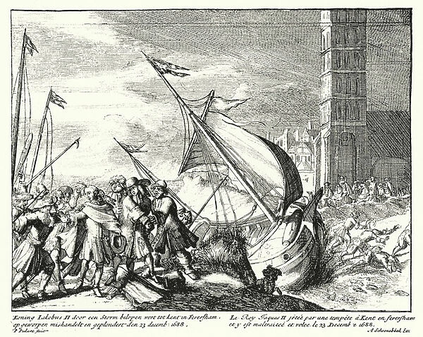 James II of England captured by fishermen at Faversham, Kent, whilw attempting to flee to France, 1688 (engraving)