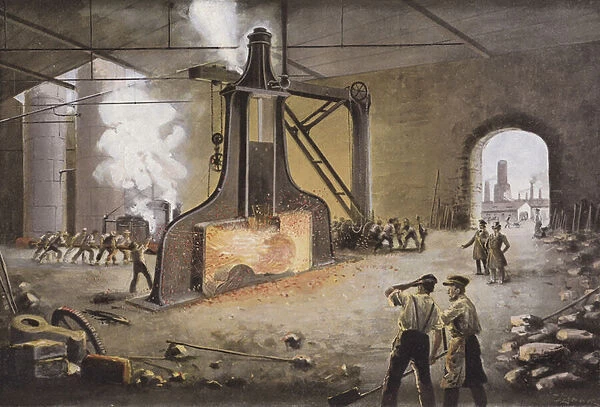 James Nasmyths first steam hammer, 1842 (colour litho)