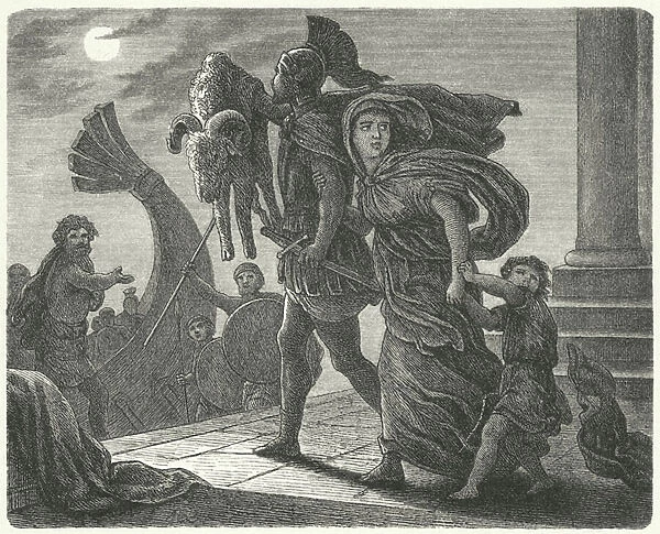 Jason escaping from Colchis with Medea and the Golden Fleece on the Argo (engraving)