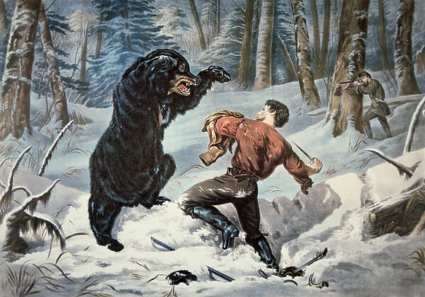 Jedediah Smith (1799-1831) being attacked by a Grizzly bear, c. 1861 (colour litho)