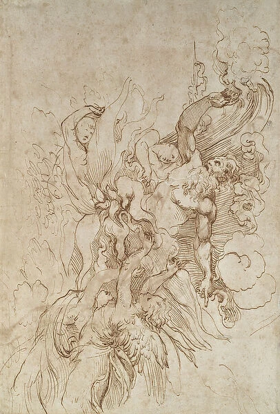 Jehovah in a flaming Cloud attended by Angels (recto) (pen