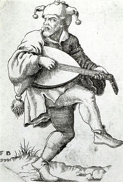 Jester with a lute (engraving) (b / w photo)