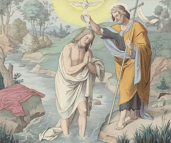 Jesus baptised (coloured engraving)