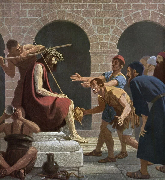 Jesus mocked after being crowned with the Crown of Thorns (colour litho)