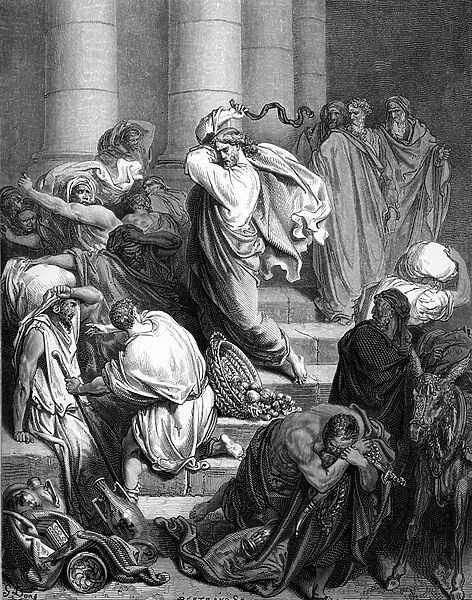 Jesus in the temple, engraving by Dore. - Bible