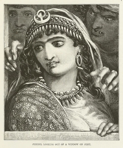 Jezebel looking out of a window on Jehu (engraving)