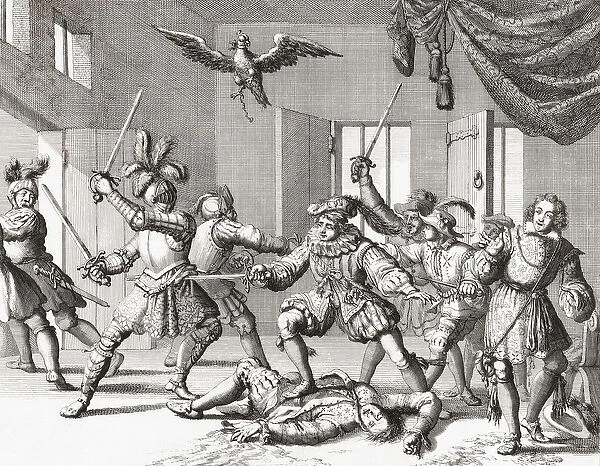 John and Alexander Ruthven, attempting to kidnap or kill James VI of Scotland (engraving)
