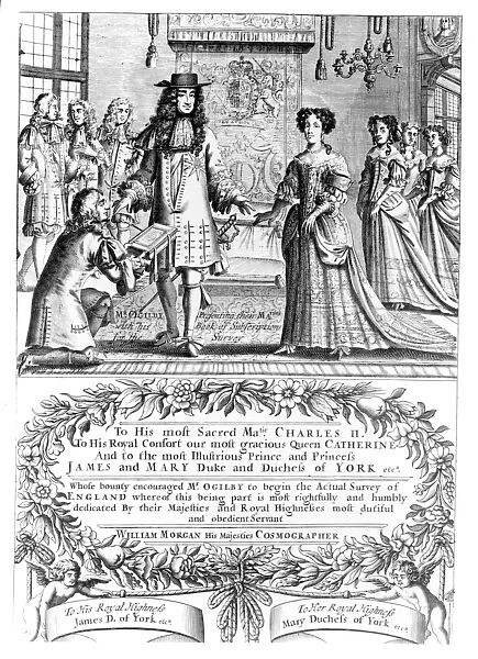 John Ogilby presenting his subscription list for Britannia to the King and Queen
