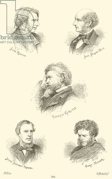 John Ruskin, John Stuart Mill, Thomas Carlyle, James Anthony Froude, Hugh Miller (engraving)