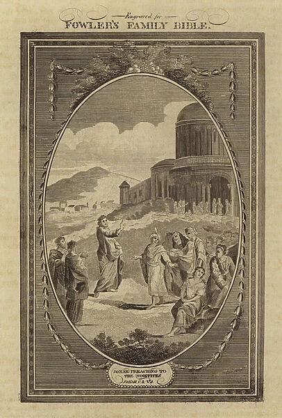 Jonah preaching to the Ninevites, Jonah, Chapter 3, Verse 4 (engraving)