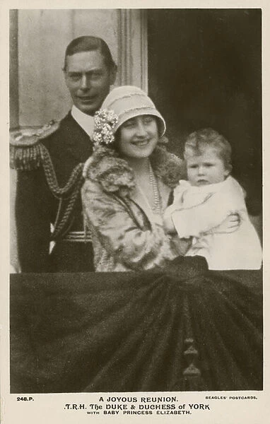A joyous reunion: The Duke and Duchess of York with baby Princess Elizabeth, 1927 (b  /  w photo)