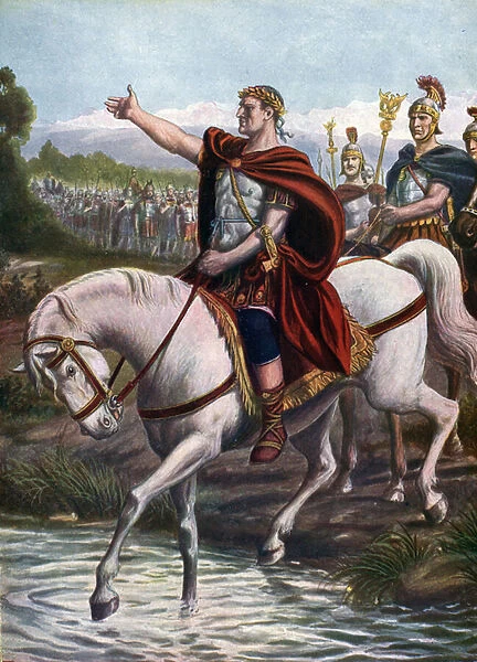 Jules Cesar crosses the river of Rubicon with his legions in arms on January 10, 49 BC in the footsteps of Pompee the Great (Gneo Pompeo Magno or Gnaeus Pompeius Magnus)