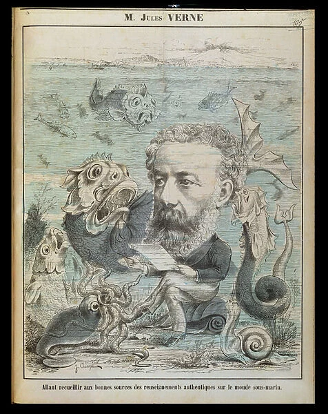 Jules Verne (1828-1905) studying life at the bottom of the sea, caricature from L Algerie Comique et Pittoresque magazine, Oran 1883 (colour litho)