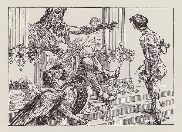 Jupiter sending Mercury to remind Aeneas of his duty (litho)