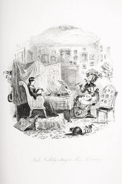Kate Nickleby sitting to Miss La Creevey, illustration from Nicholas Nickleby