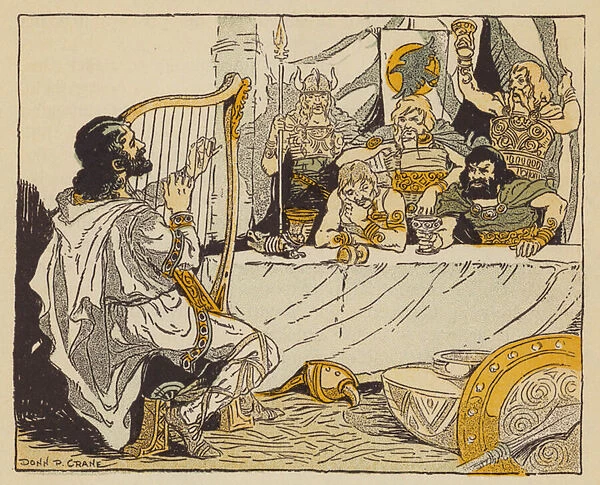 King Alfred in the camp of the Danes in the guise of a minstrel (colour litho)