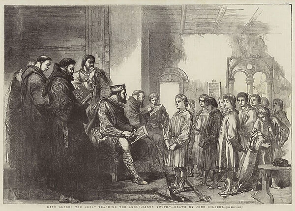 King Alfred the Great teaching the Anglo-Saxon Youth (engraving)