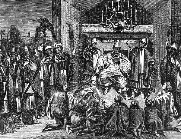 King Alvaro I of Kongo receiving the Dutch ambassadors, an illustration from the