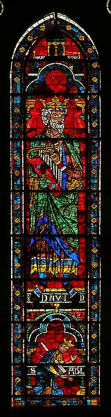 King David with harp; King saul kills himself below (w121) (stained glass)
