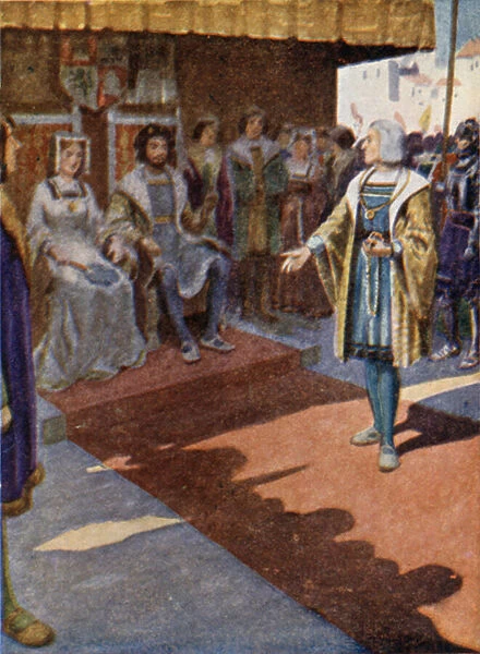 King Ferdinand and Queen Isabella receiving Columbus (colour litho)