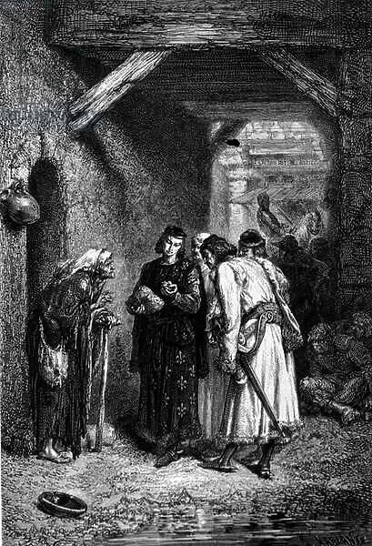 King Louis IX or Saint Louis (1214 - 1270) examines the bread of poor people