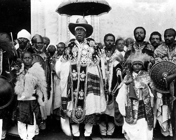 King Menelik II (1844 - 1913) surrounded by his court. Ethiopia