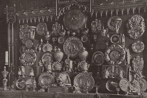 Part of the Kings collection of gold plate at Windsor Castle, including the gold dinner service brought to Buckingham Palace to be displayed (but not used) at the Jubilee State Banquets (b  /  w photo)