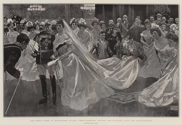 The Kings Court at Buckingham Palace, Their Majesties leaving the Ballroom after the Presentations (litho)