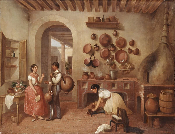 In the Kitchen of the Hacienda, (oil on canvas)