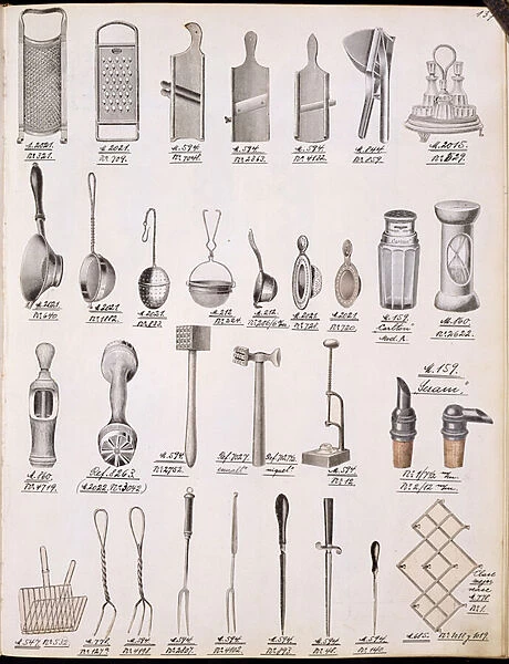Kitchen utensils, from a trade catalogue of domestic goods and fittings, c
