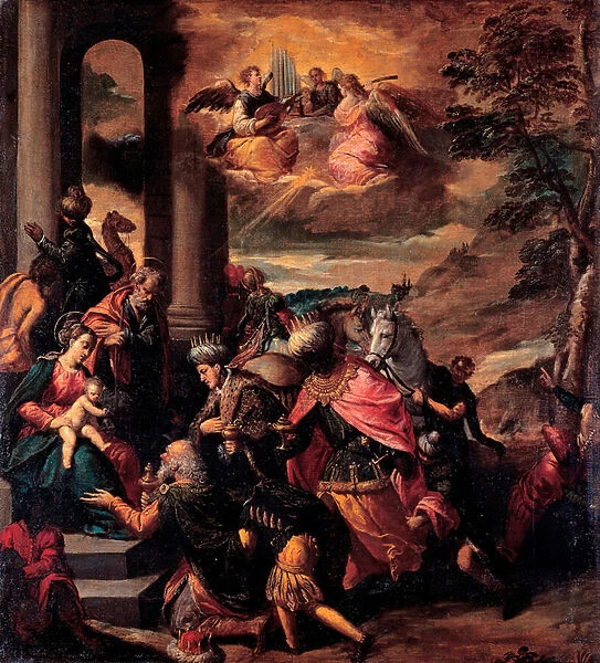 L adoration des mages - The Adoration of the Magi - Painting by Ippolito Scarsellino (Scarsella) (1551-1620), Oil on canvas 1580 (112, 5x124cm) - Musei Capitolini, Rome