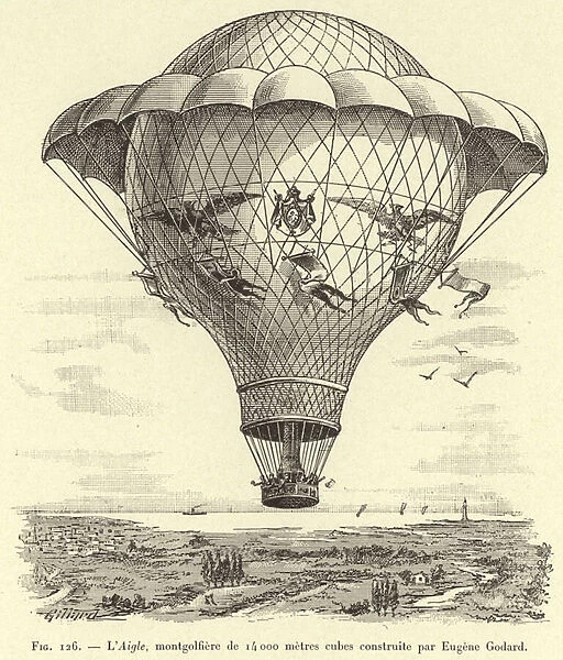 L Aigle, montgolfiere de 14000 metres cubes construite par Eugene Godard (engraving)