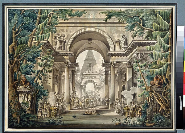 'La procession au temple'(Procession in a temple) Scenographie pour une piece de theatre. Aquarelle de Louis Jean Desprez (1743-1804) Musee Pouchkine, Moscou