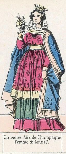 La reine Alix de Champagne, femme de Louis 7 (coloured engraving)