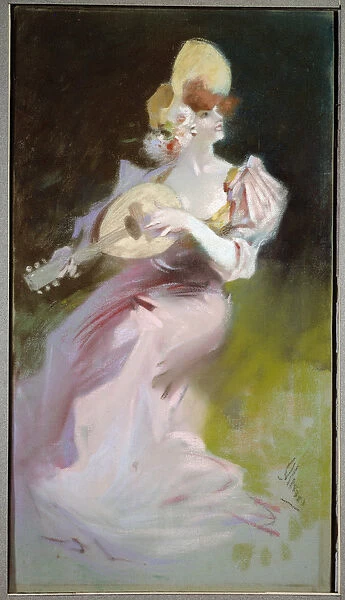 La woman a la mandolin Painting by Jules Cheret (1836-1932